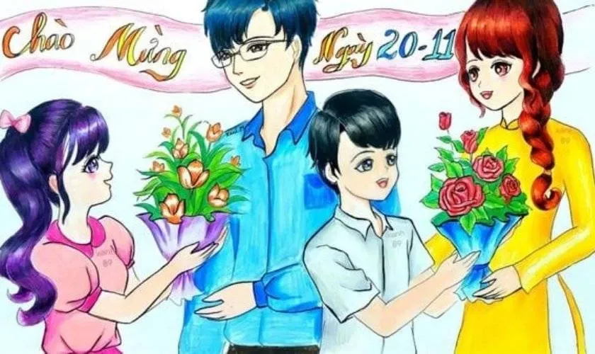 Mẫu vẽ tranh 20/11 chuyên nghiệp dành cho học sinh năng khiếu
