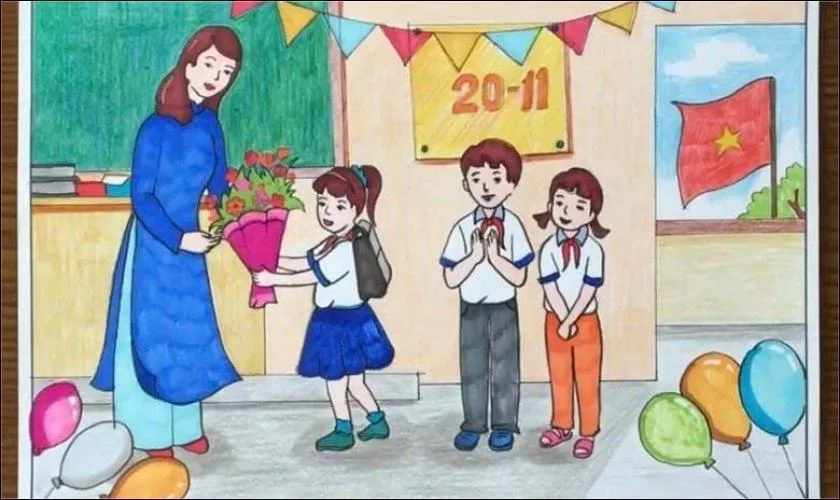 Mẫu vẽ tranh 20/11 trên khổ giấy A3 với nhiều chi tiết sinh động