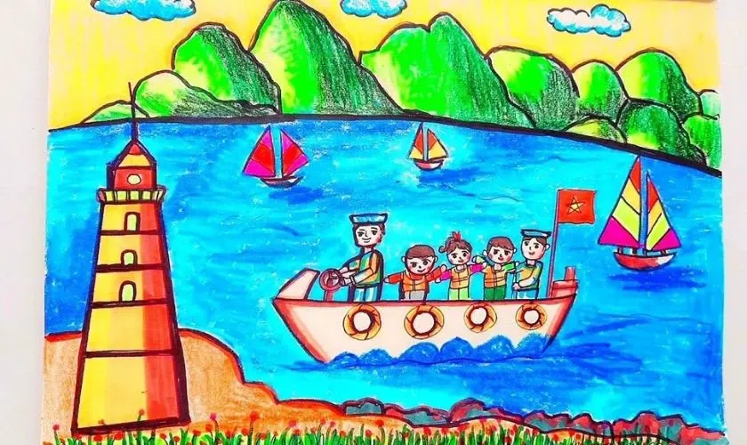 Mẫu vẽ tranh 30/4 đơn giản chủ đề biển đảo