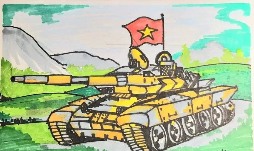 Mẫu vẽ tranh 30/4 đơn giản về chủ đề xe tăng