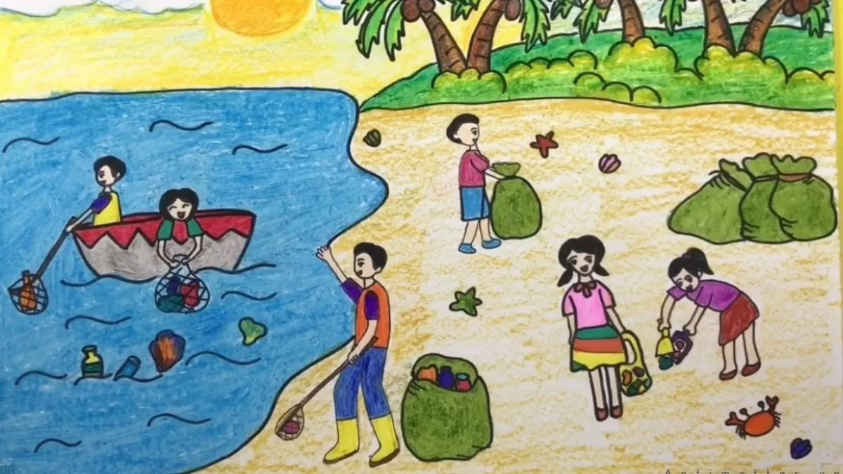 Mẫu vẽ tranh bảo vệ môi trường đẹp nhất về hoạt động dọn dẹp rác thải
