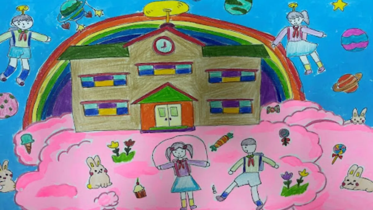 Mẫu vẽ tranh trường học đơn giản hòa cùng không gian xanh mát