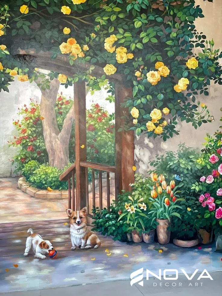 Mẫu vẽ tranh tường hoa hồng màu trắng vàng sang trọng dành cho người mệnh Kim