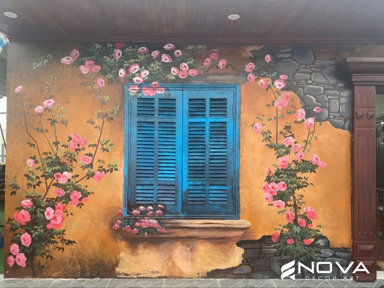 Mẫu vẽ tranh tường hoa hồng nghệ thuật rực rỡ cho phòng khách