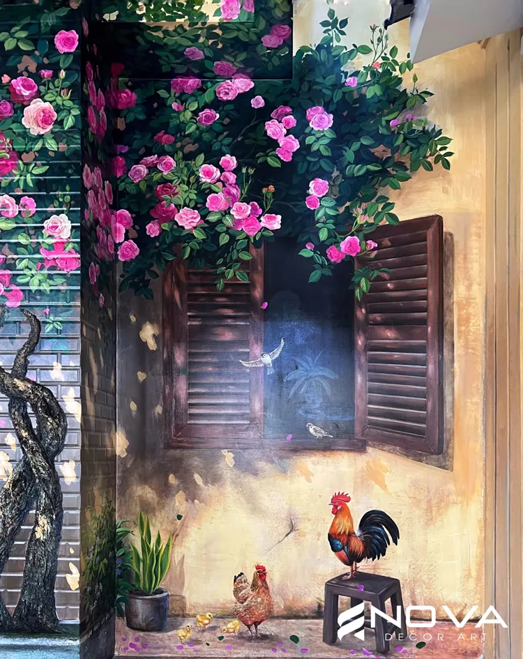 Mẫu vẽ tranh tường hoa hồng tím vàng ấm áp dành cho người mệnh Thổ