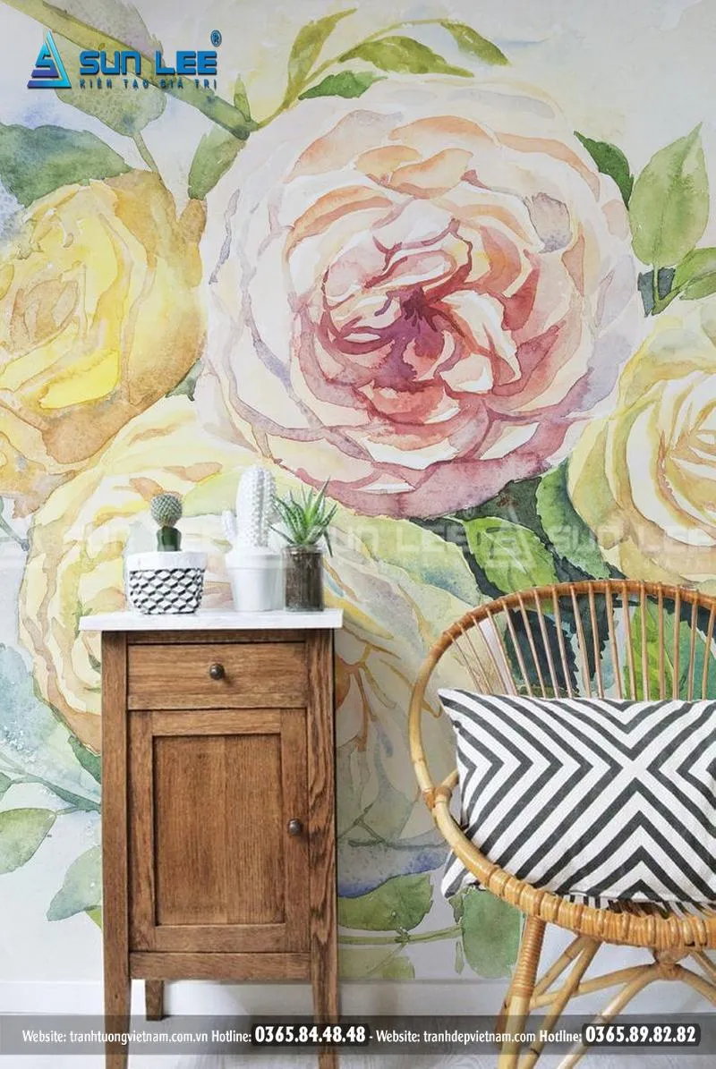 Mẫu vẽ tranh tường hoa hồng vàng tượng trưng cho tình bạn - Mẫu 22