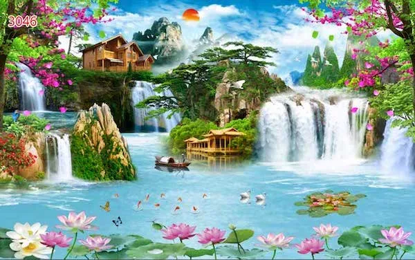 Mẫu vẽ tranh tường phong cảnh thiên nhiên rừng cây xanh mát tại phòng khách