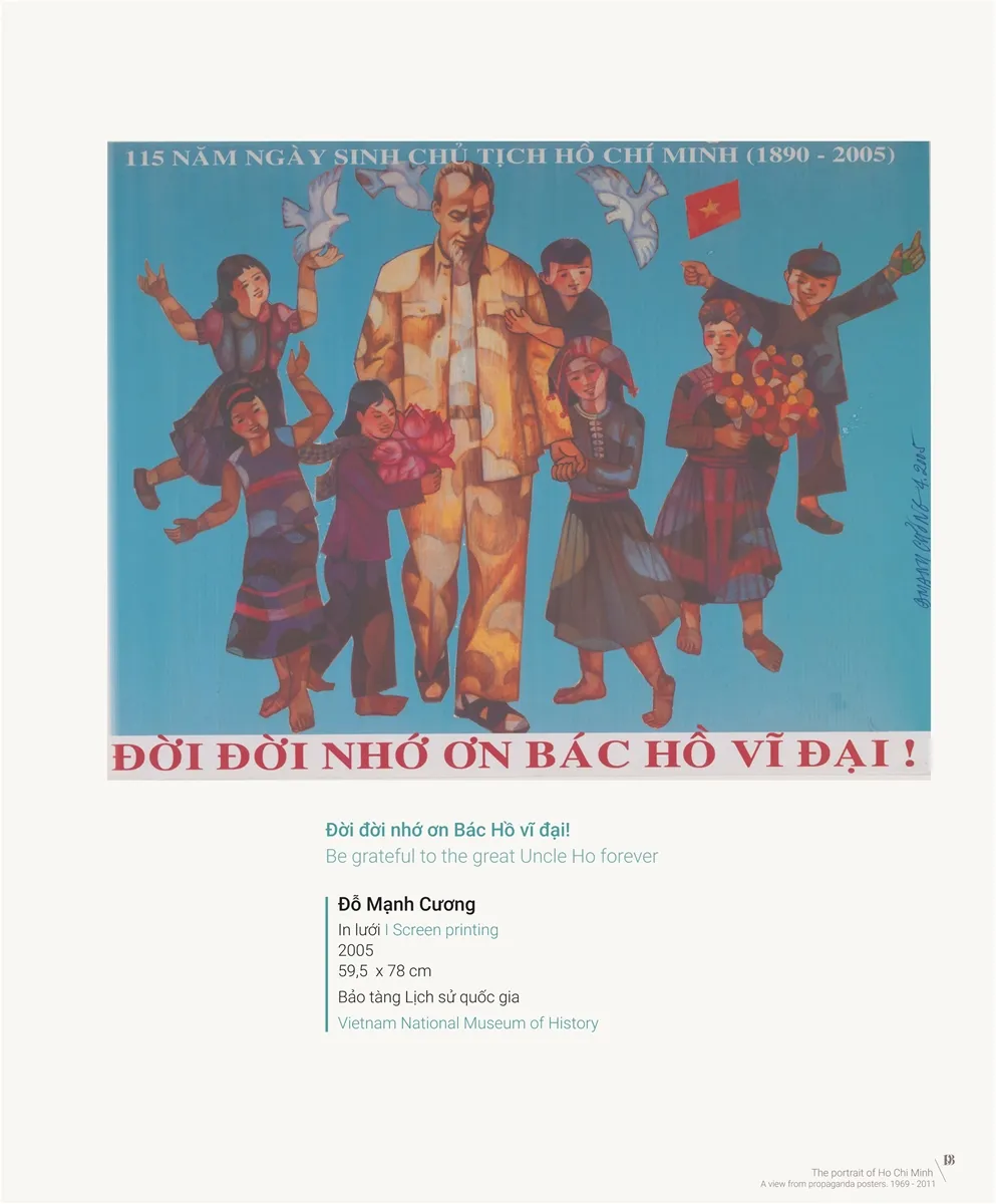 Tranh cổ động Đời Đời Nhớ Ơn Bác Hồ Vĩ Đại, vẽ Bác Hồ vui chơi cùng thiếu nhi các dân tộc