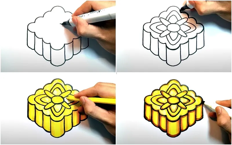 Minh họa các bước vẽ và tô màu chiếc bánh trung thu nướng