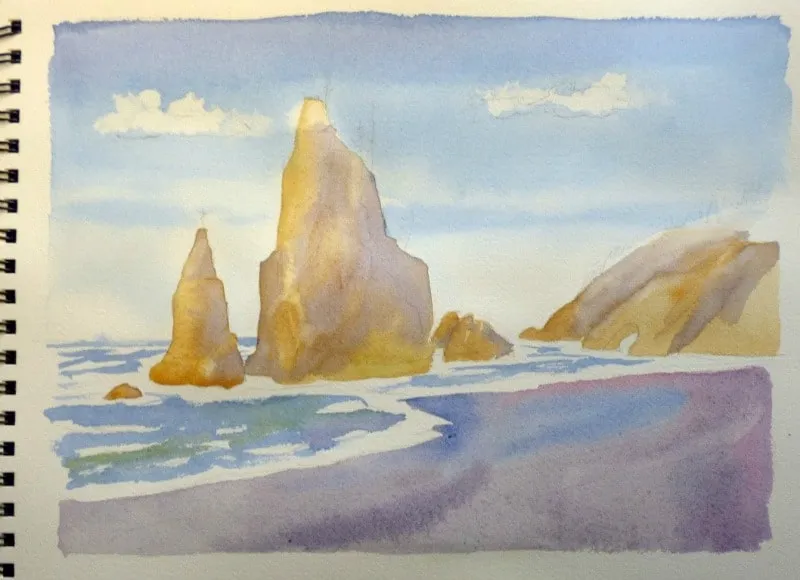 Tăng độ đậm nhạt cho các mỏm đá trong tranh tô màu nước biển