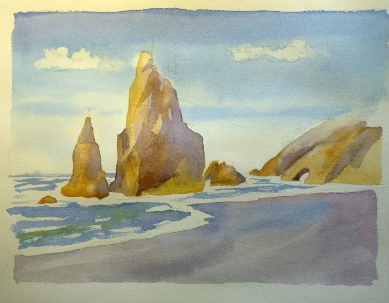 Cách vẽ bãi cát và bọt sóng trong tranh tô màu nước biển