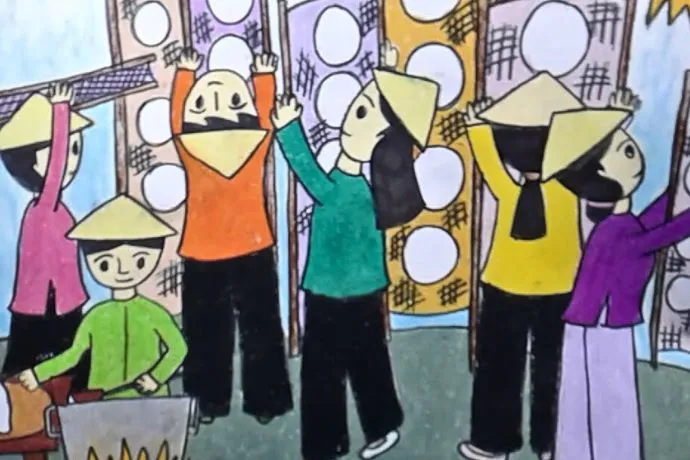 Nét đẹp của làng nghề làm bánh tráng trong tranh vẽ truyền thống việt nam