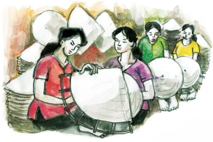 Nét đẹp lao động của người cao tuổi trong tranh vẽ truyền thống việt nam nghề làm nón