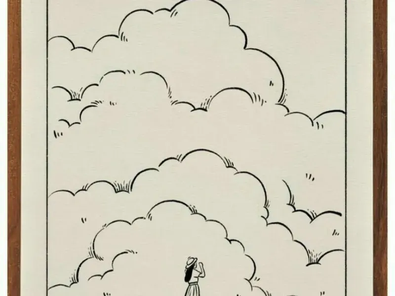 Nét vẽ tối giản mây, núi và không gian