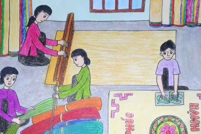 Nghề đan chiếu truyền thống hiện lên mộc mạc trong tranh vẽ truyền thống việt nam