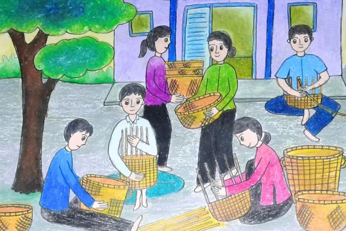 Nghề đan lát mây tre thủ công qua tranh vẽ truyền thống việt nam đầy nghệ thuật