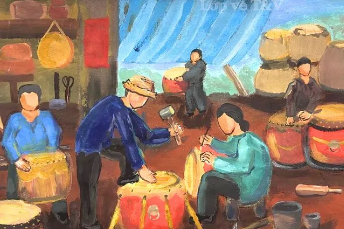 Nghệ thuật làm trống truyền thống được tái hiện trong tranh vẽ truyền thống việt nam