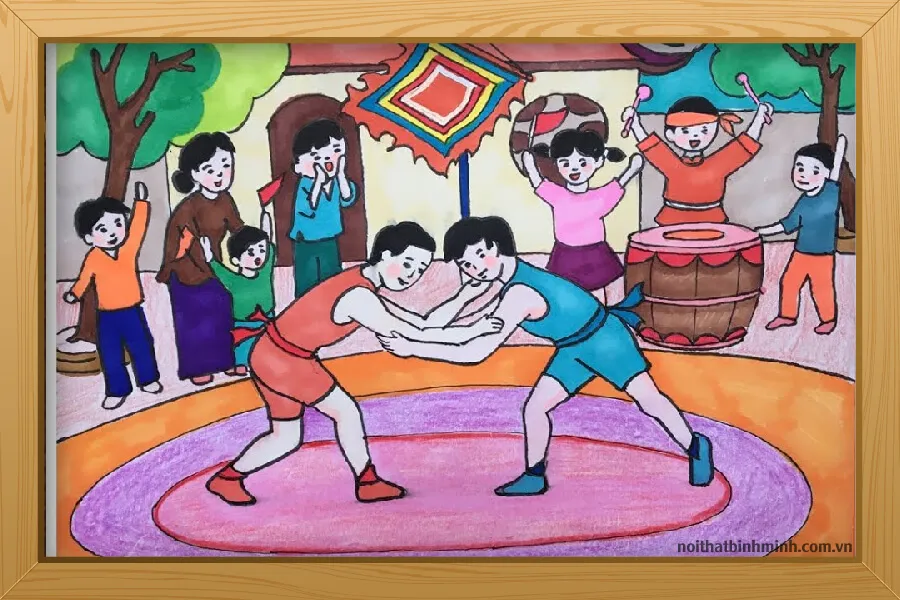 Những nét vẽ cuối cùng hoàn thiện bức tranh đề tài lễ hội đấu vật