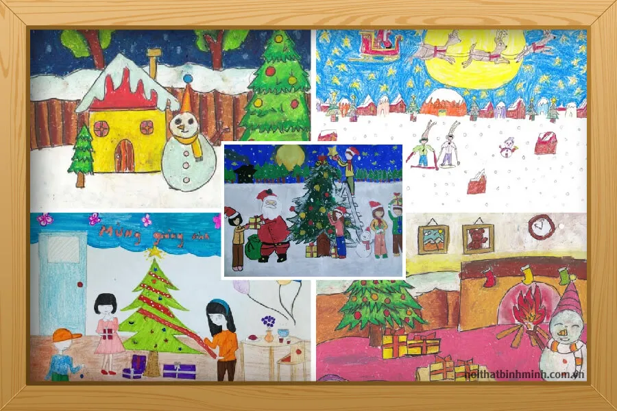 Ông già Noel và xe tuần lộc trong tranh vẽ Giáng sinh của trẻ em