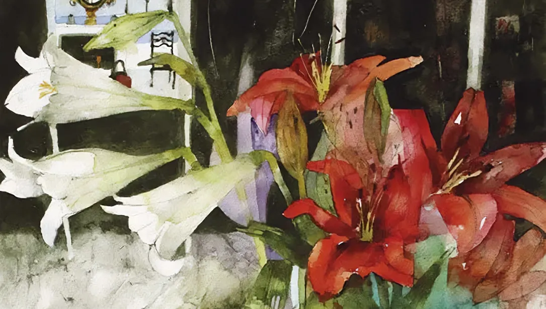 Bức tranh tĩnh vật hoa loa kèn và Amaryllis hoàn thiện của nghệ nhân