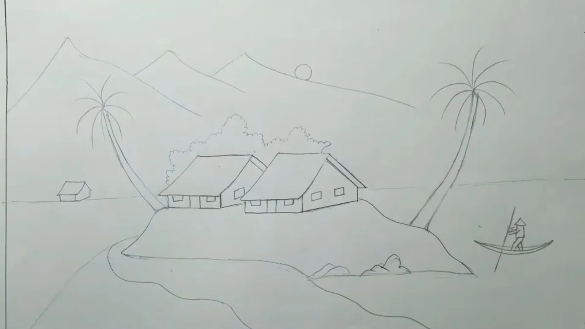 Phác thảo chi tiết các vật thể trong bức tranh vẽ quê hương