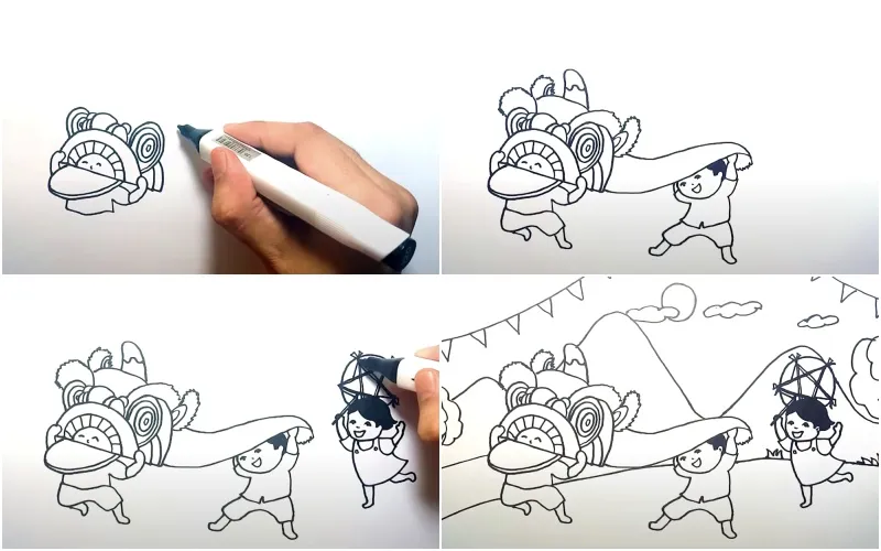 Phác thảo đoàn múa lân với các nhân vật đang chung vui náo nhiệt