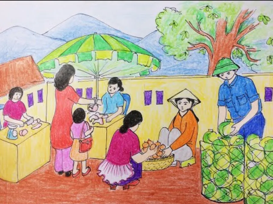 Phiên chợ quê nhộn nhịp được tái hiện qua tranh vẽ cuộc sống thường ngày