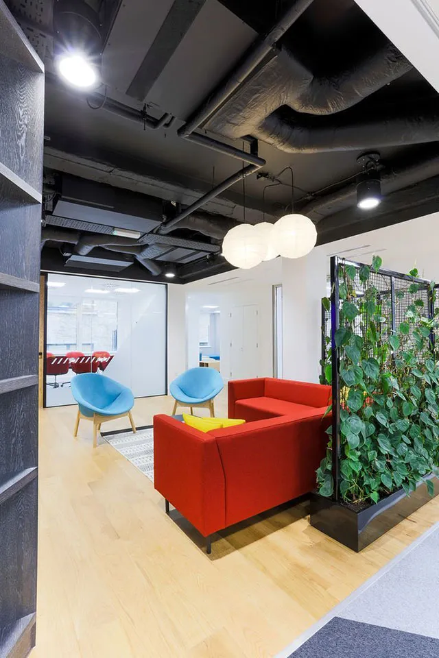 Sự tương phản độc đáo giữa trần tối và tường sáng trong văn phòng