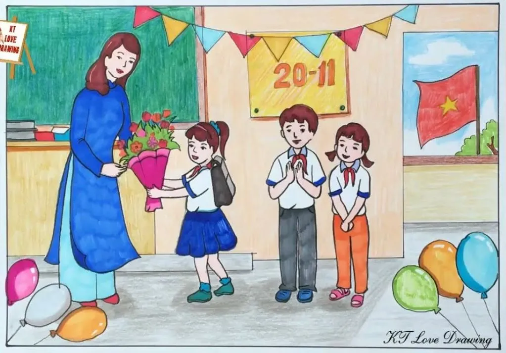 Phong cách độc đáo trong các bức tranh vẽ 20 tháng 11 đẹp nhất lớp 8