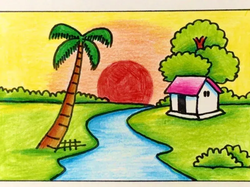 Phong cảnh hoàng hôn sông nhỏ với cây dừa và nhà