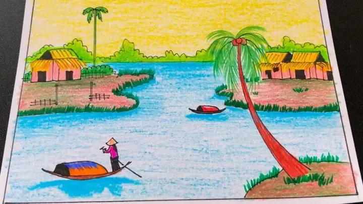 Phong cảnh làng quê yên bình với cánh đồng rộng lớn và con đường mòn nhỏ