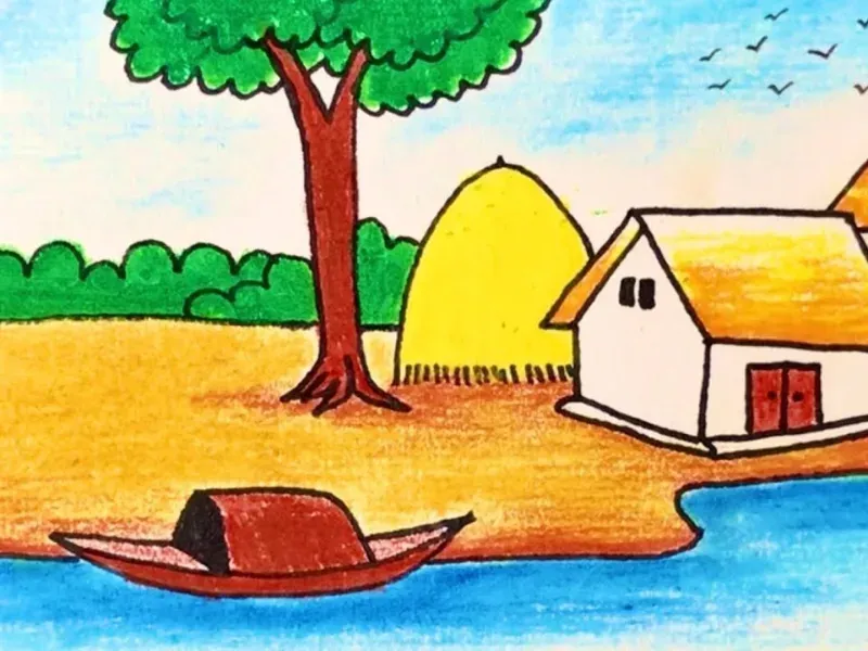 Phong cảnh thuyền gỗ trên sông cong bên nhà tranh