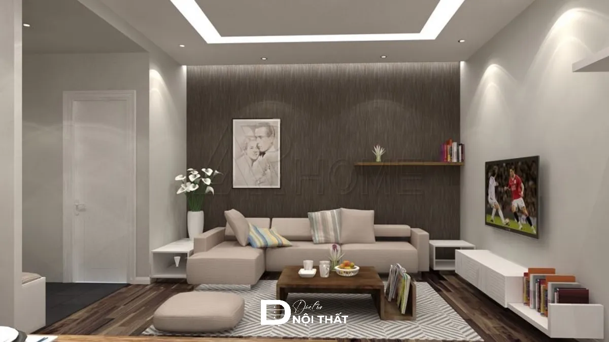 Thiết kế phòng khách 16m2 hiện đại tone ghi xám