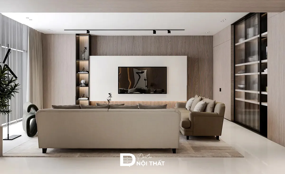 Kệ tivi kết hợp tủ trang trí giúp tiết kiệm diện tích phòng khách 16m2