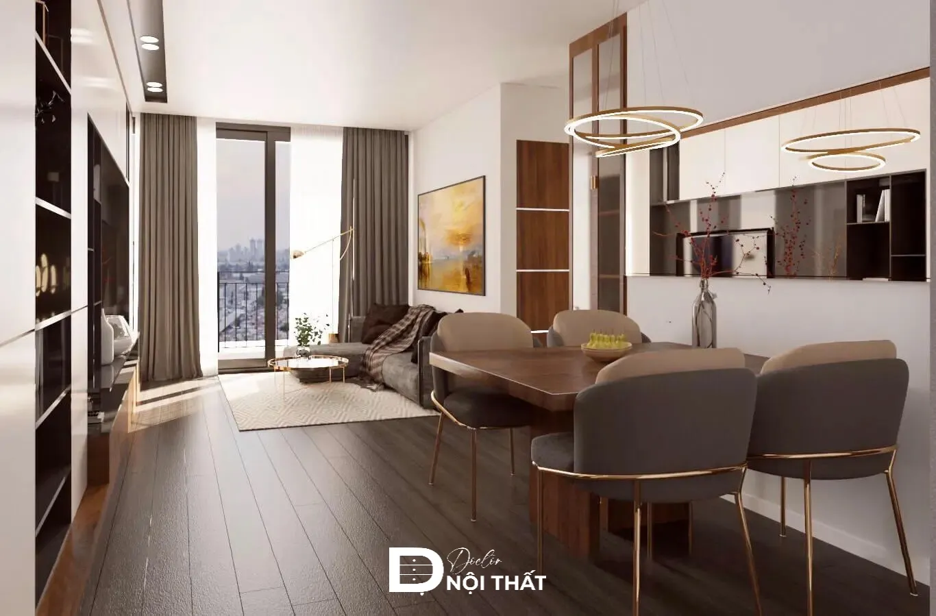 Phòng khách liền bếp 16m2 hiện đại cho chung cư