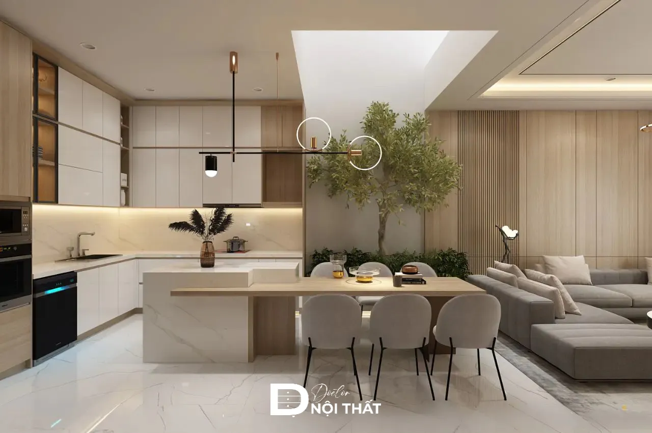 Phòng khách 16m2 liền bếp nội thất gỗ công nghiệp