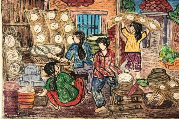 Quy trình làm bánh tráng thủ công hiện lên qua tranh vẽ truyền thống việt nam