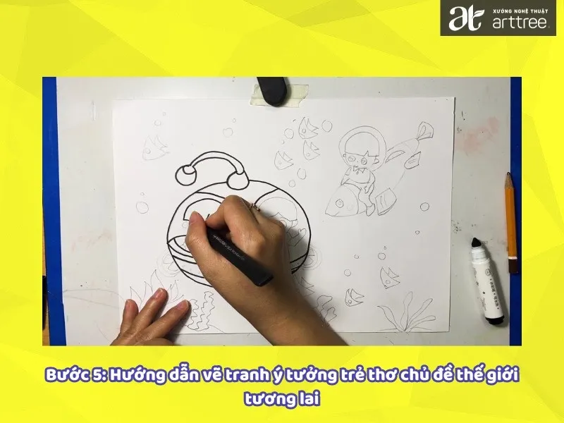 Sử dụng bút dạ đi nét trong hướng dẫn vẽ tranh ý tưởng trẻ thơ thế giới tương lai