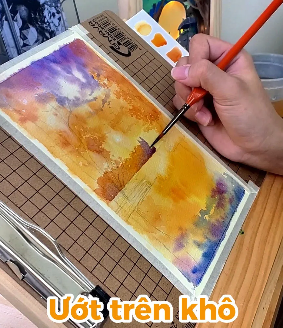 Sử dụng kỹ thuật ướt trên khô để vẽ tán cây và các chi tiết sắc nét