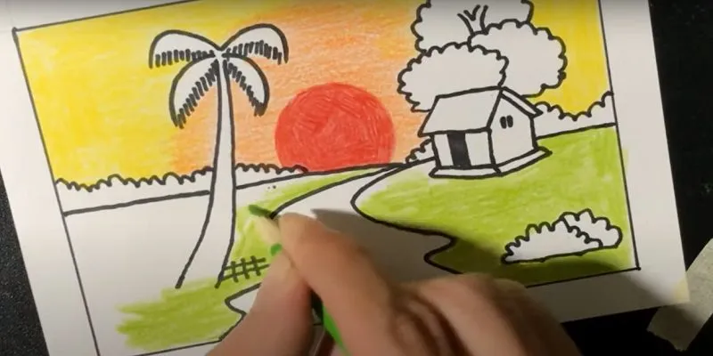 Sử dụng màu xanh lá cây tô thảm cỏ ven hai bên dòng sông