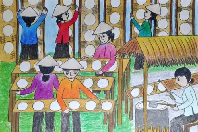 Sự hài lòng của người thợ bánh tráng được mô tả trong tranh vẽ truyền thống việt nam