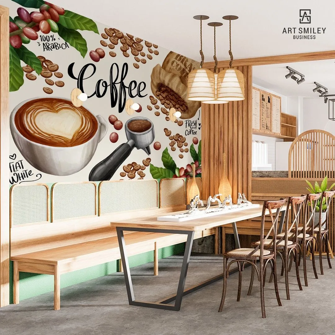 Sự kết hợp hoàn hảo giữa tranh tường và ánh sáng tạo nên không gian huyền ảo