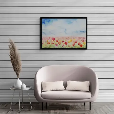 Sự mềm mại của màu nước trong bức tranh vẽ cánh đồng hoa tulip rực rỡ