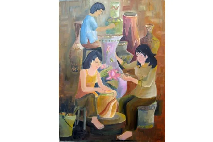 Tác phẩm hội họa mô tả chi tiết quá trình tạo hình gốm trong tranh vẽ truyền thống việt nam