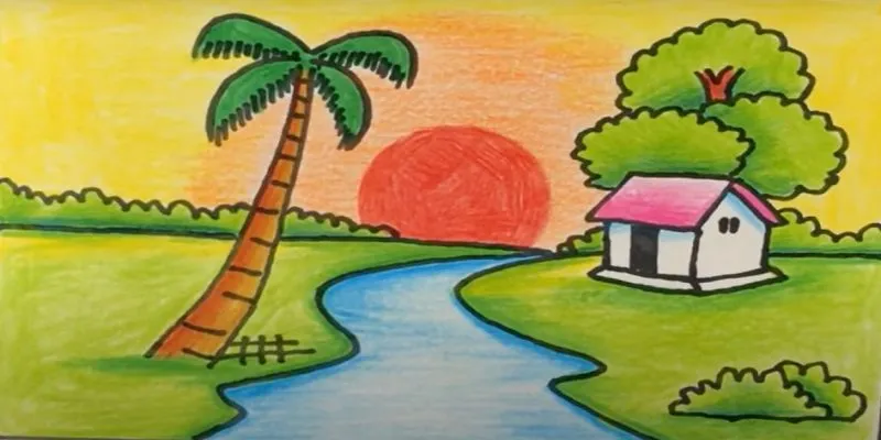 Tác phẩm tranh vẽ thiên nhiên đơn giản đã hoàn thành trọn vẹn