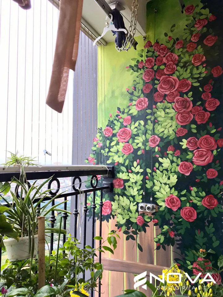 Tác phẩm vẽ tranh tường hoa hồng hồng nhạt lãng mạn cho phòng ngủ - Mẫu 5