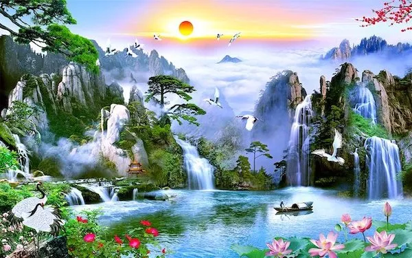 Tác phẩm vẽ tranh tường phong cảnh thiên nhiên sông nước hữu tình cực đẹp