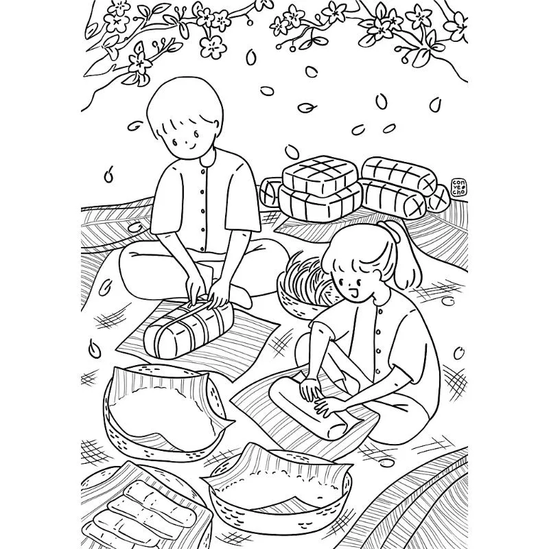 tập cho bé tô màu cảnh gói bánh chưng 1