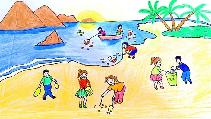 Tham gia làm sạch bãi biển quê hương vào mùa hè của em