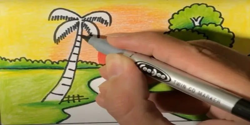 Thêm các đốt cây dừa bằng bút màu đen tạo vẻ chân thực